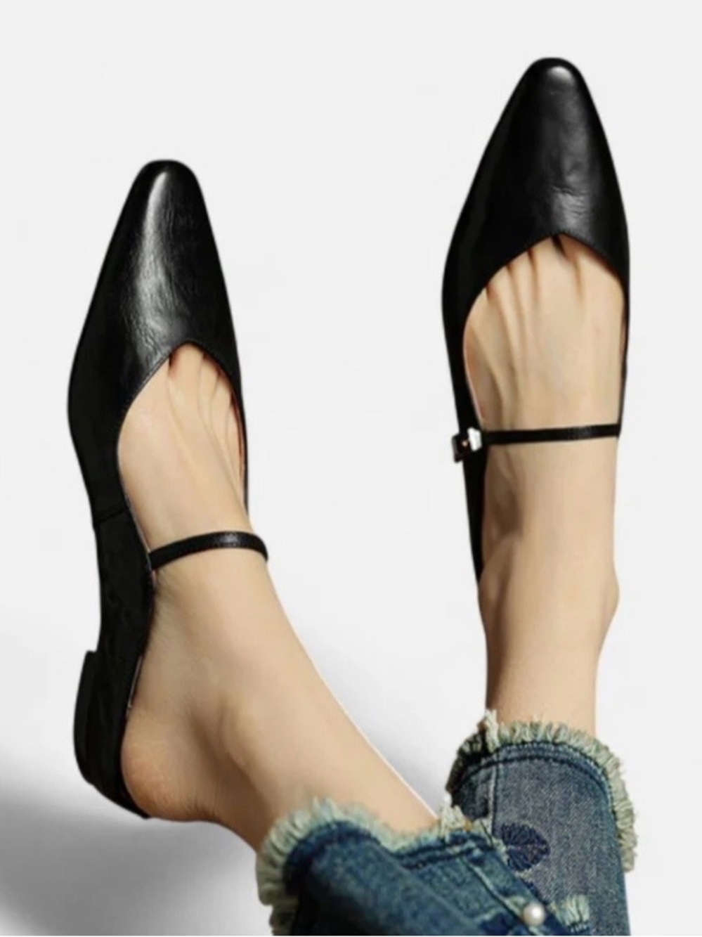 Handmade Black Leather Strappy Pointed Toe Mules Flats EU 42 US 11